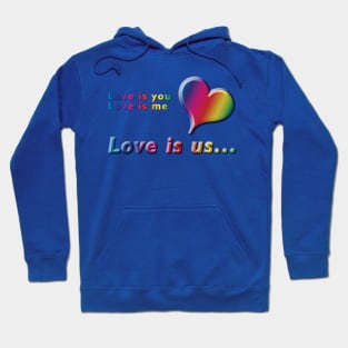 Love is you, Love is me, Love is us Rainbow Text & Heart Design on Turquoise Background Hoodie